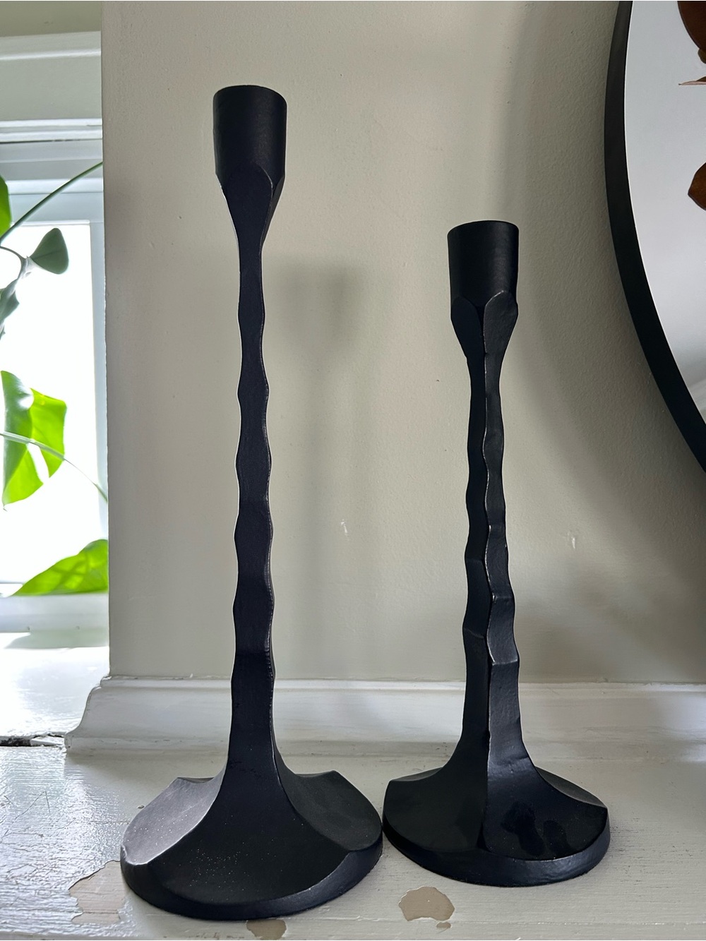 Pier 1 Black Wavy Metal Candlestick Pair